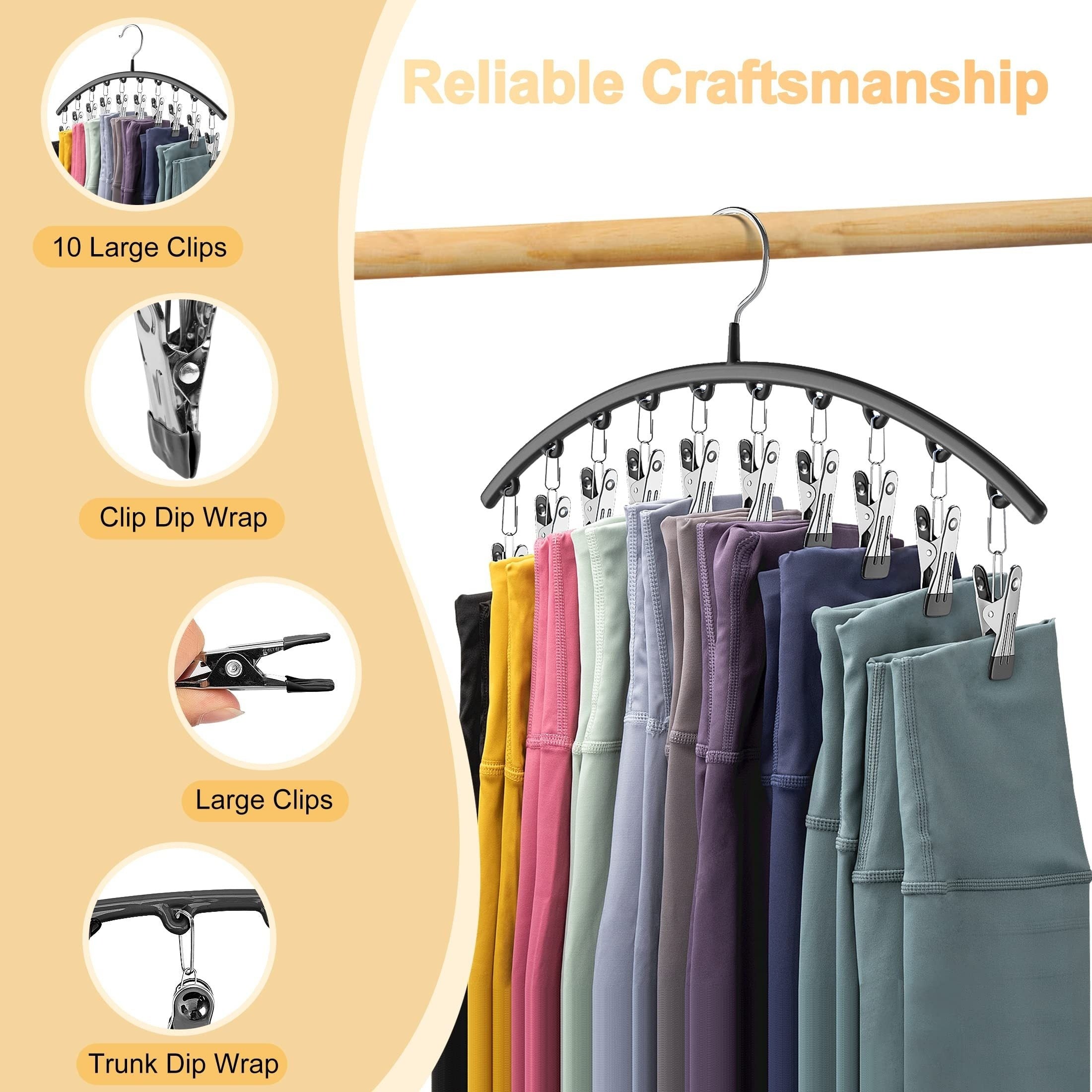 Metal Pant Hanger with 10 Clothespins Space-Saving Curved Design for Yoga Pants and Leggings