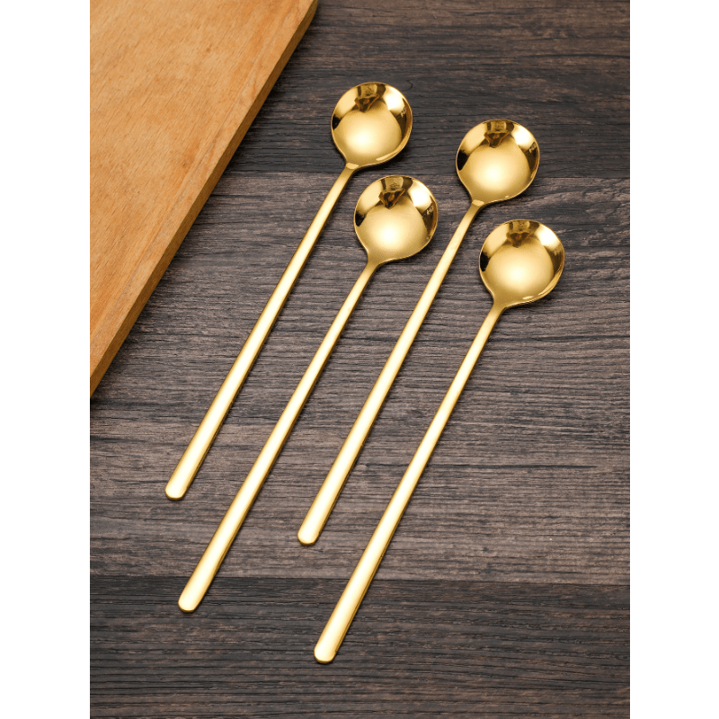 Set of 4 Golden Stainless Steel Coffee Spoons Long Handles for Stirring Tea and Desserts
