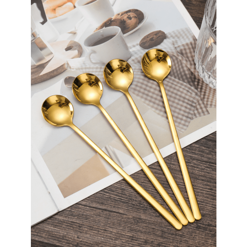 Set of 4 Golden Stainless Steel Coffee Spoons Long Handles for Stirring Tea and Desserts