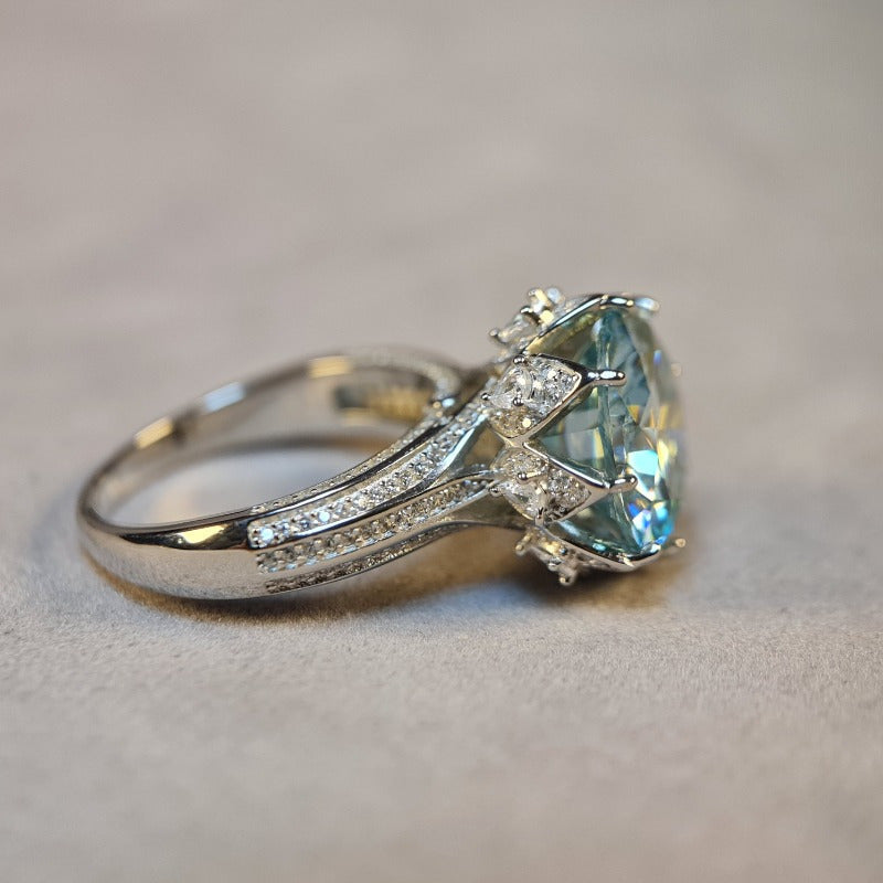 Women's Light Blue Moissanite Ring S925 Sterling Silver 18K Gold Plated Jewelry