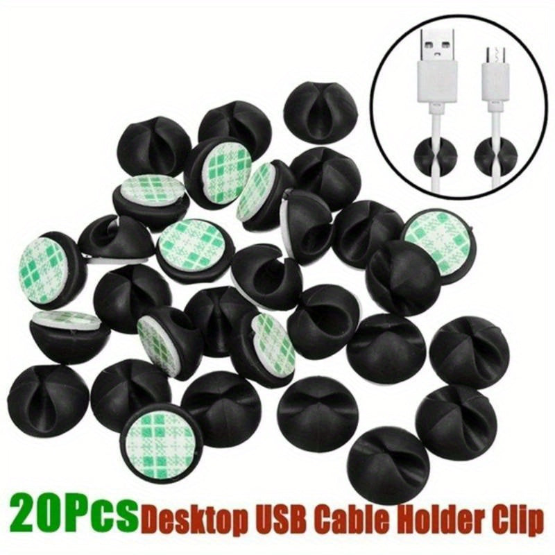 20 Silicone Cable Clips Wire Organizers for Desk, Car, Charging, Black 1.5x0.8cm
