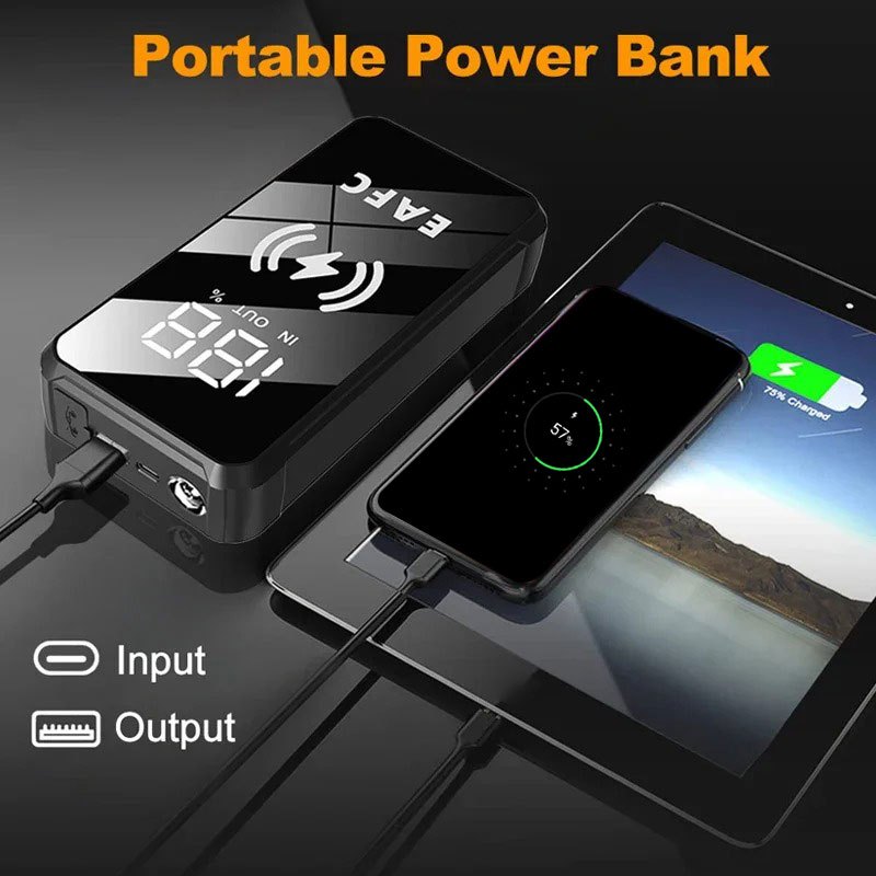 EAFC MultiFunction Portativ Avtomobilni Qayta Ishga Tushirish Qurilmasi 6.0L Benzinli Avtomobil va 4.0L Dizel Avtomobil uchun, Simsiz Zaryadlash, Qayta Zaryadlanuvchi Litiy Batareya, 10W Chiqish Quvvati va USB Zaryadlash bilan.