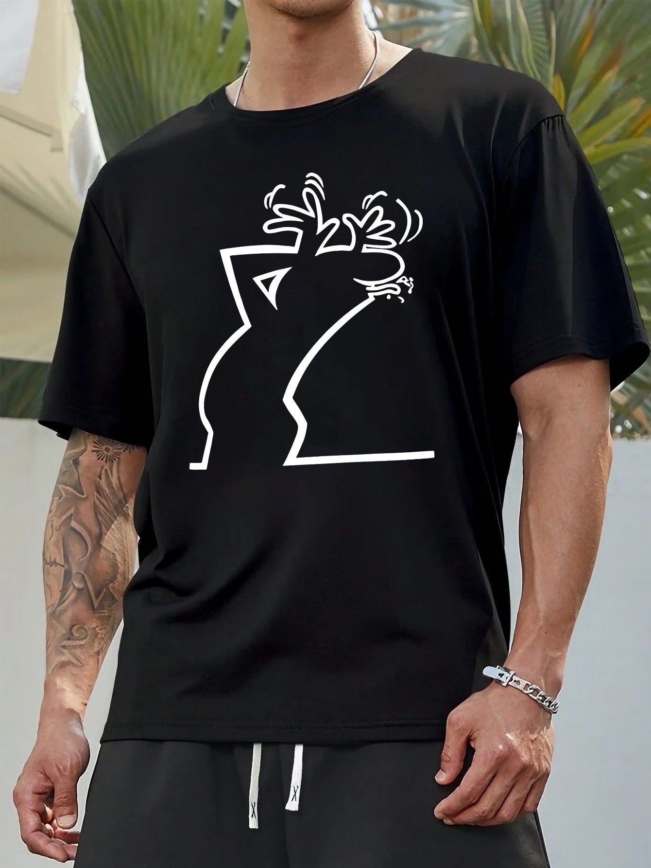 Men's Summer Geometric Print Casual Top with Round Neck Polyester Blend Plus Size