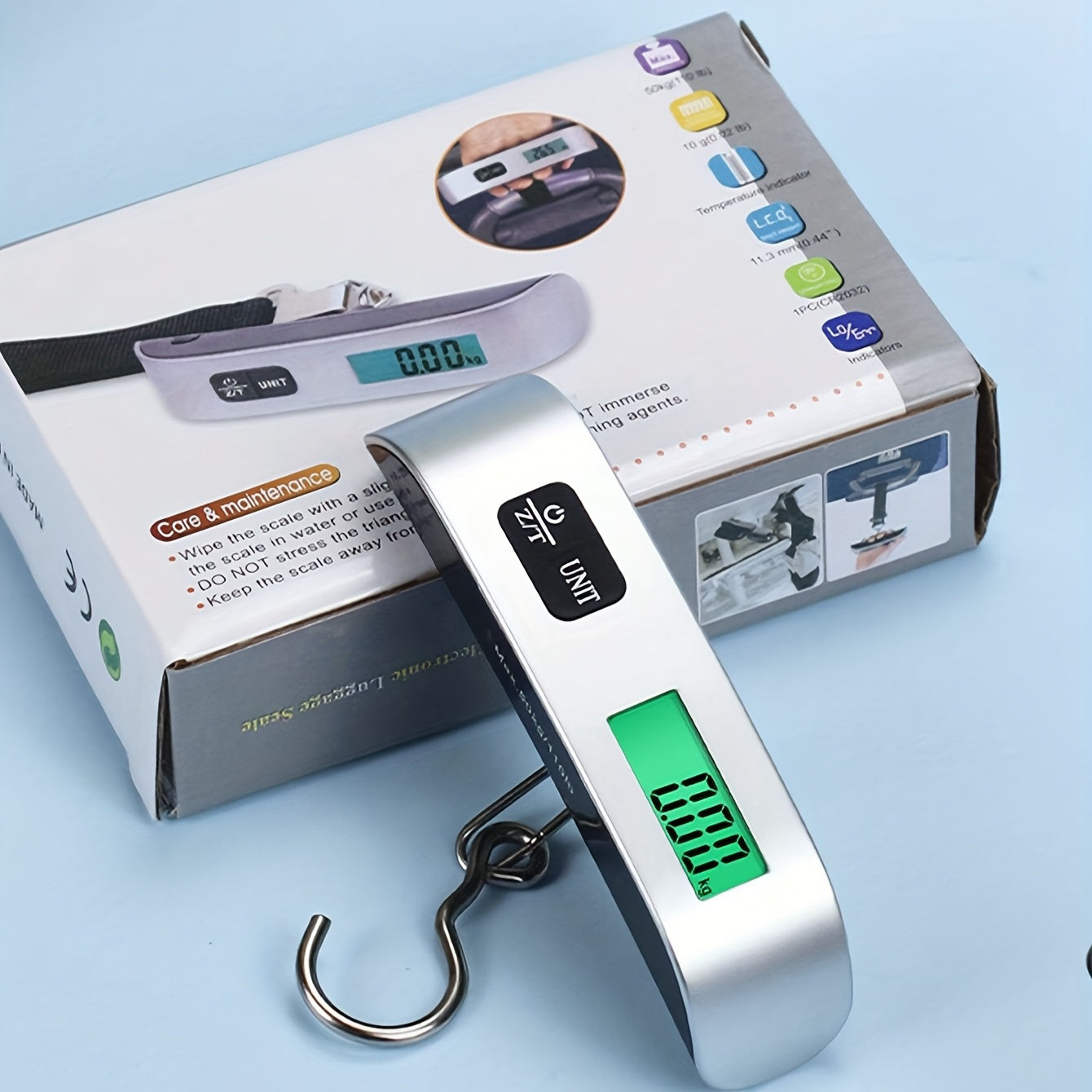 Portativ raqamli yuk tarozisi, orqa yoritilgan LCD ekran, 110lb/50kg sig‘im, oson sayohat uchun metall qo‘l dizayni, batareya kiritilgan, tare funksiyasi - oziq-ovqatni vaznini o‘lchash uchun mos emas.