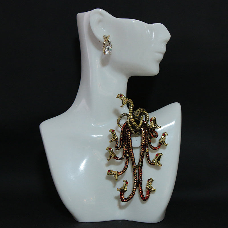 Heavy Industry Medieval Brooch with Enamel Hydra Relief