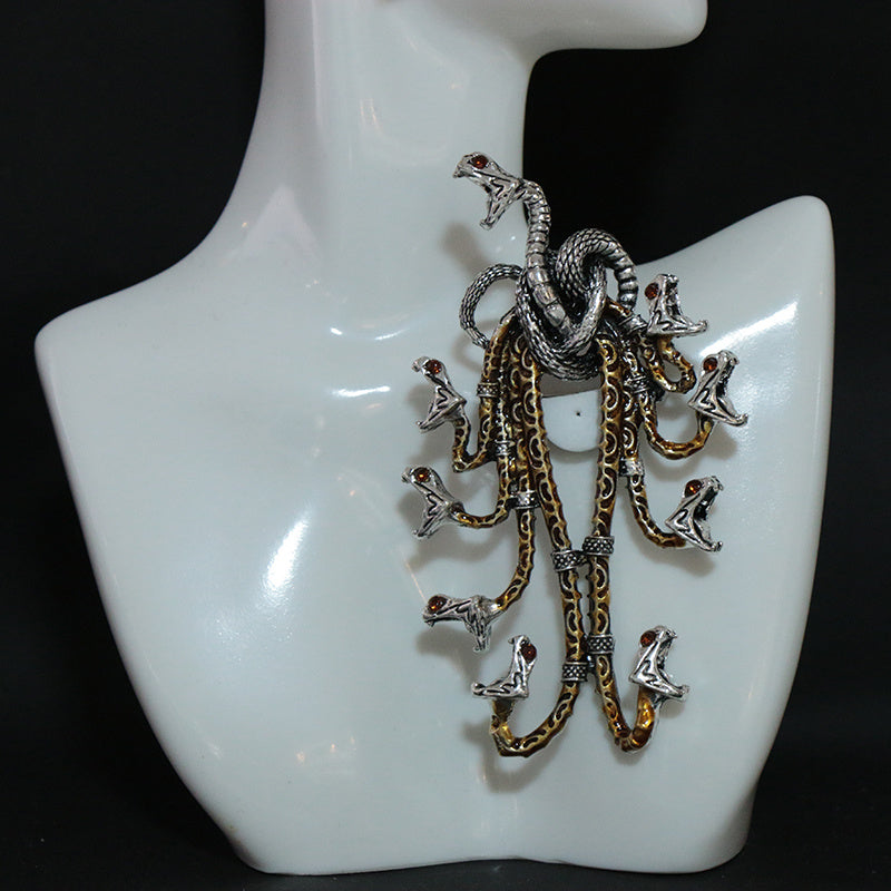 Heavy Industry Medieval Brooch with Enamel Hydra Relief