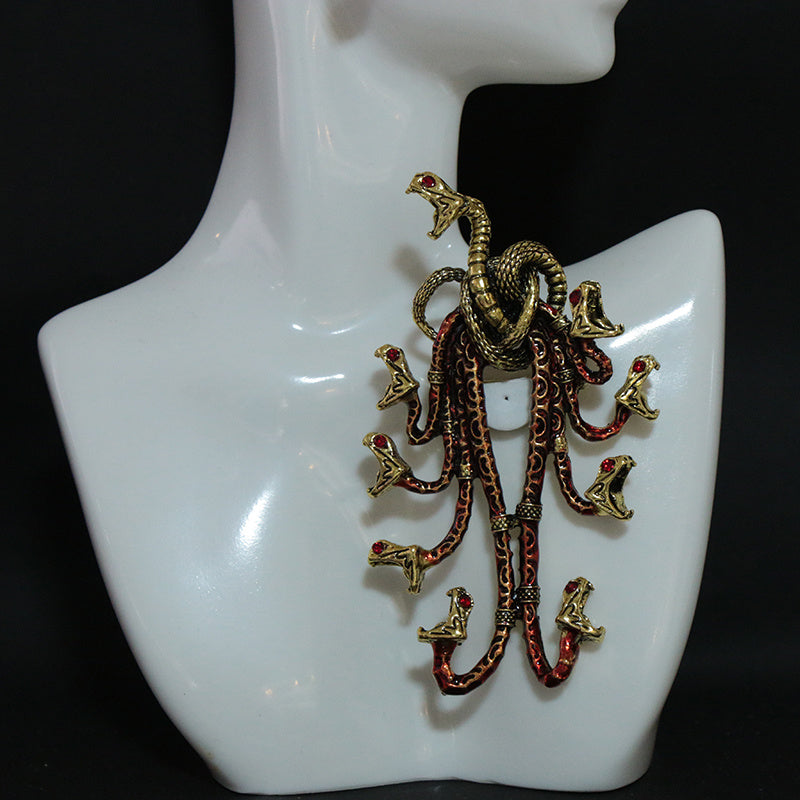 Heavy Industry Medieval Brooch with Enamel Hydra Relief