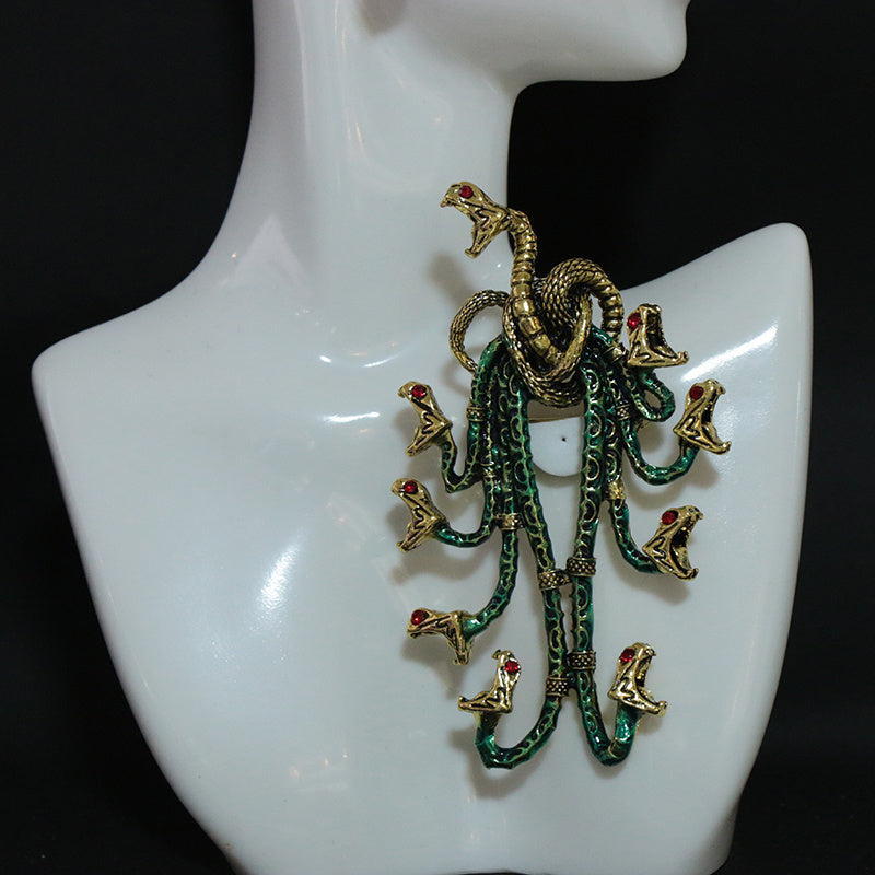 Heavy Industry Medieval Brooch with Enamel Hydra Relief