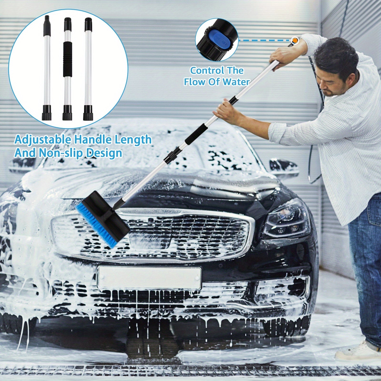 Adjustable Car Wash Mop with Soft Bristles and Quick Connect Water Flow