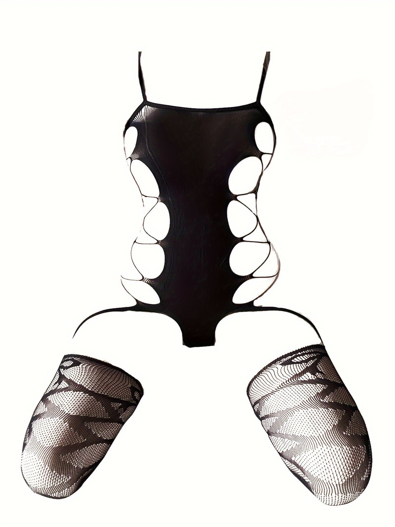 Kattalar uchun o'lchamdagi bodysuit, baliq tarmog'i legginslari va shaffof to'qimachilikda lenta bilan detallangan