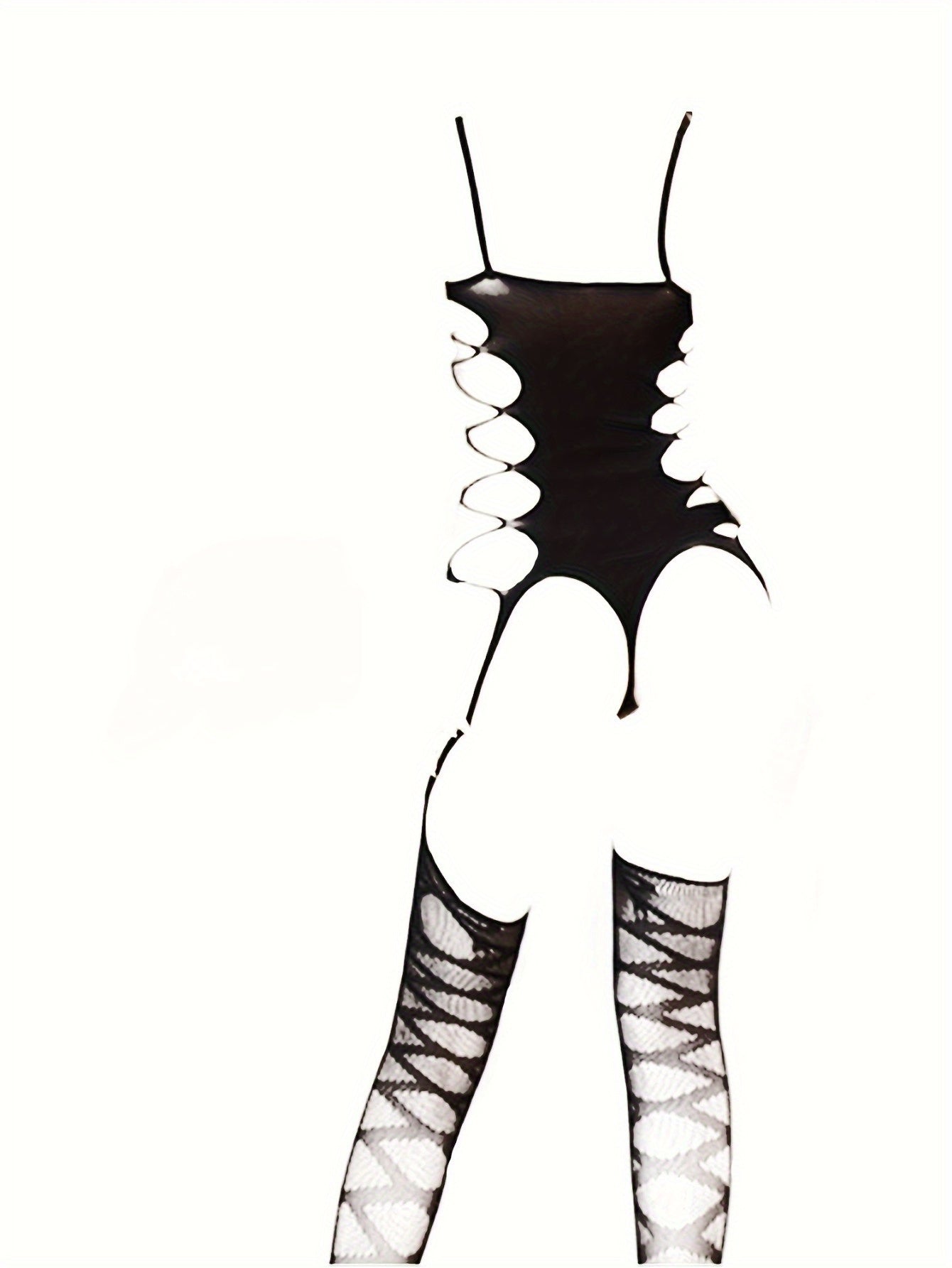 Kattalar uchun o'lchamdagi bodysuit, baliq tarmog'i legginslari va shaffof to'qimachilikda lenta bilan detallangan