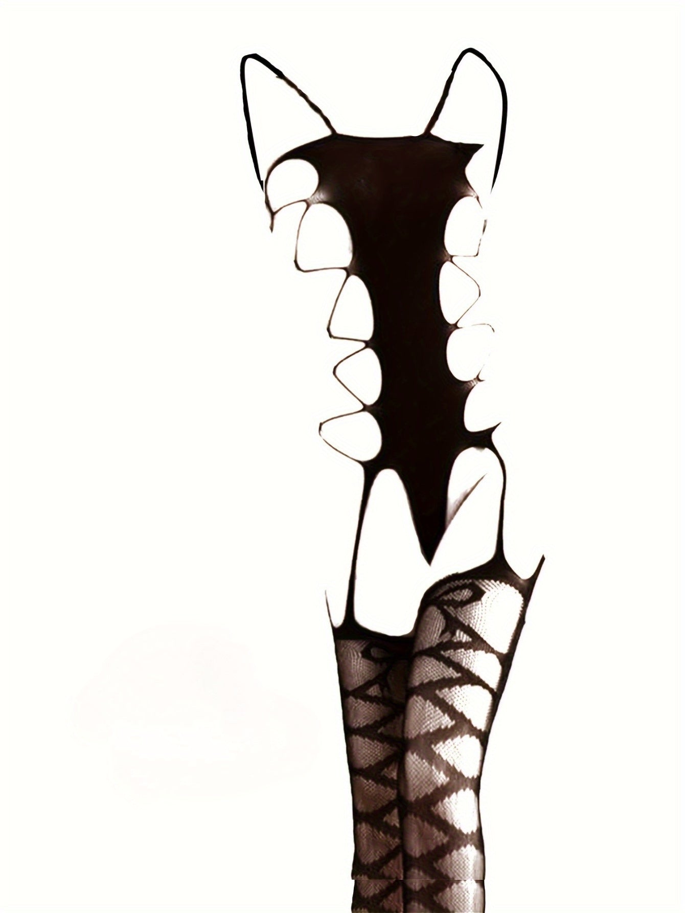 Kattalar uchun o'lchamdagi bodysuit, baliq tarmog'i legginslari va shaffof to'qimachilikda lenta bilan detallangan