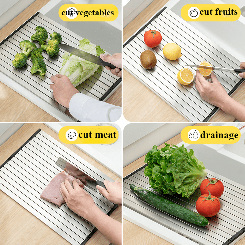 Stainless Steel Foldable Cutting Board with Drain Rack, Non-Slip, Double-Sided