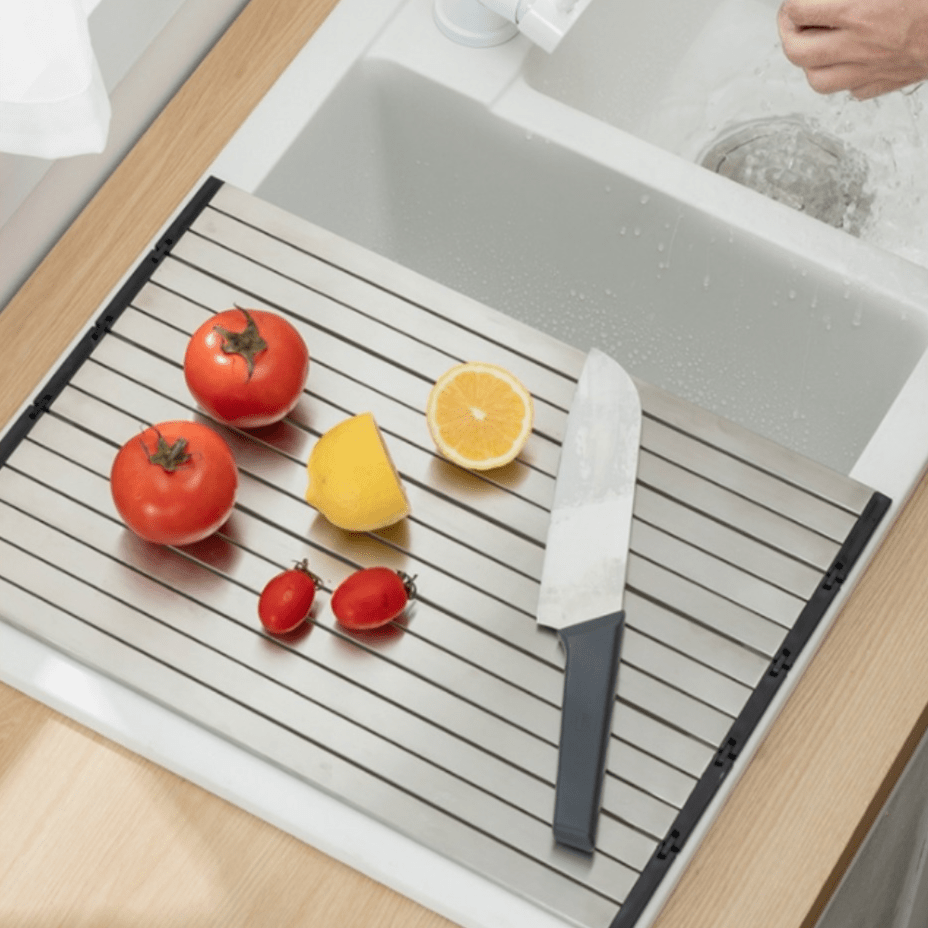 Stainless Steel Foldable Cutting Board with Drain Rack, Non-Slip, Double-Sided