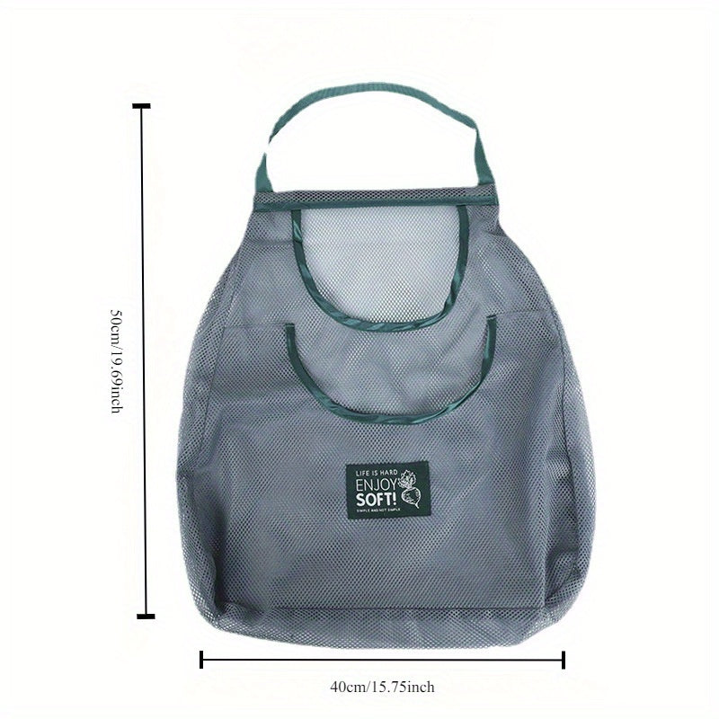 Mesh Kitchen Storage Bag for Fruits Vegetables Wall-Mounted Organizer with Green Handles