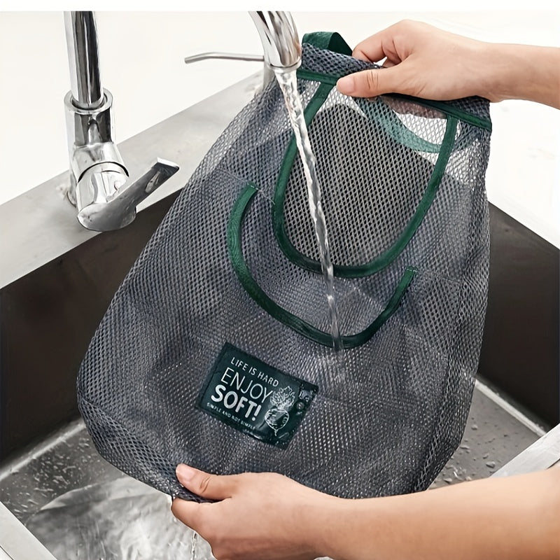 Mesh Kitchen Storage Bag for Fruits Vegetables Wall-Mounted Organizer with Green Handles