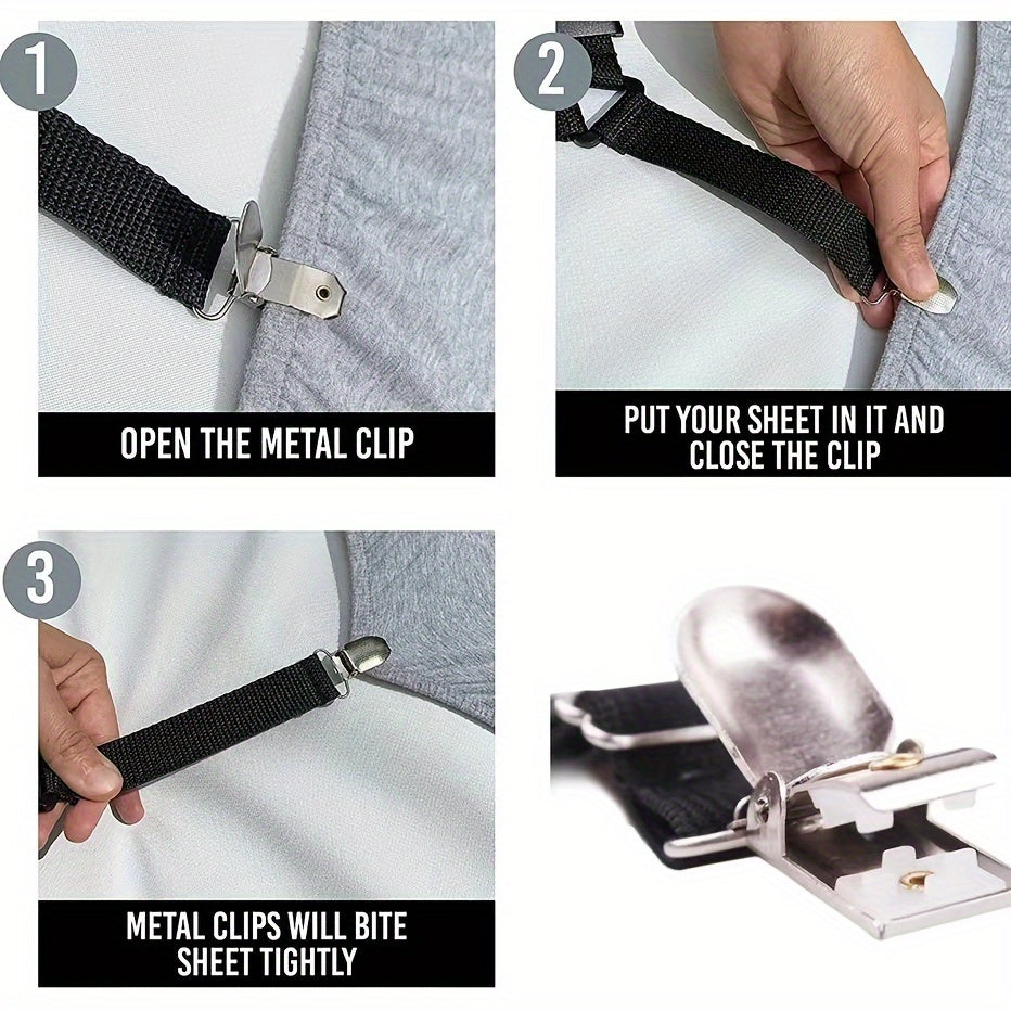 Set of 4 Nickel-Plated Bed Sheet Straps Adjustable Secure Bedding Hotel Home