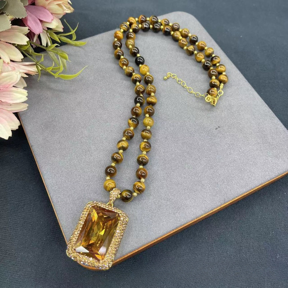 Tiger Eye Stone Pendant Necklace with 14K Gold Plating Synthetic Crystal Autumn Collection