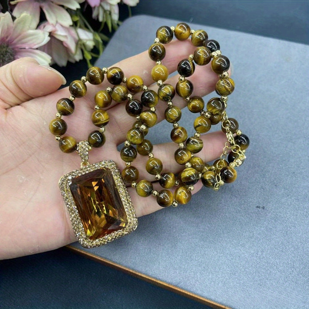 Tiger Eye Stone Pendant Necklace with 14K Gold Plating Synthetic Crystal Autumn Collection