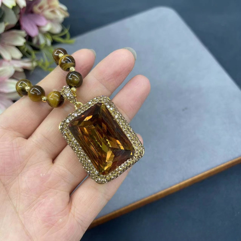 Tiger Eye Stone Pendant Necklace with 14K Gold Plating Synthetic Crystal Autumn Collection