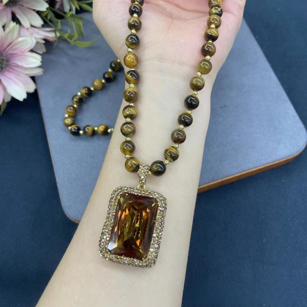 Tiger Eye Stone Pendant Necklace with 14K Gold Plating Synthetic Crystal Autumn Collection