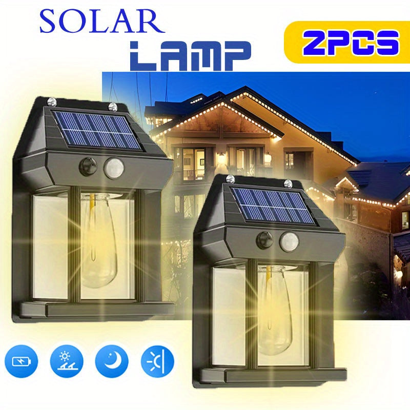 2 ta quyosh energiyasi bilan ishlaydigan LED devor lampalari, harakat sensorli, tashqi porch, bog', hovli va to'siq bezatish uchun yorqin iliq yorug'lik, plastikdan tayyorlangan, tungi yorug'lik sifatida ishlatilishi mumkin.