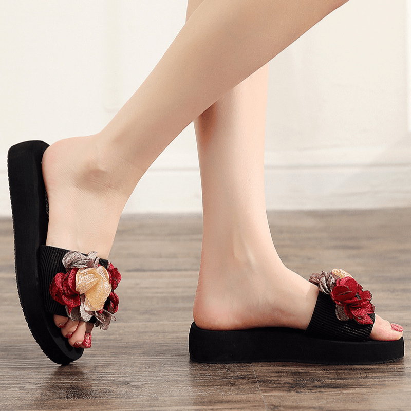 Women's Flower Decor Slide Sandals Casual Open Toe Summer Slip-On Fabric Low Heel