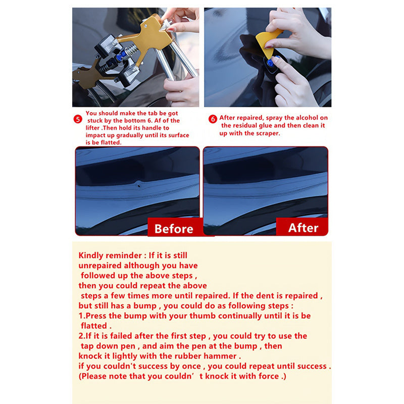 Mashina dentlarini ta'mirlash to'plami, bo'yalmasdan dentlarni olib tashlash uchun asbob, tortuvchi teshiklar va matlar bilan