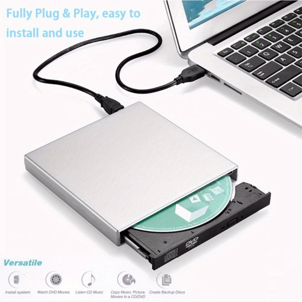 Slim Portable USB External DVD Drive for Laptops with Shockproof Noise-Canceling Read Write