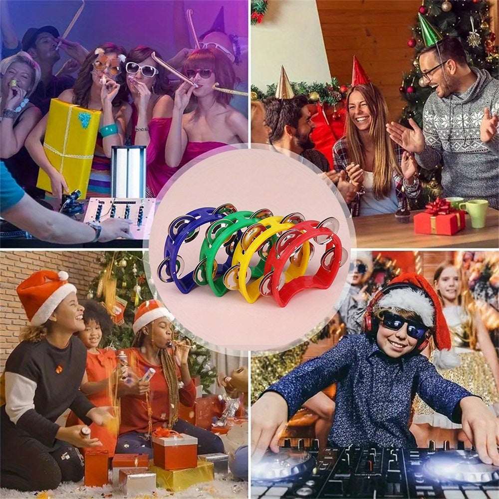 Яркий бубен с 4 колоколами - прочный пластиковый перкуссионный инструмент для всех возрастов, отлично подходит для мероприятий и любителей музыки.