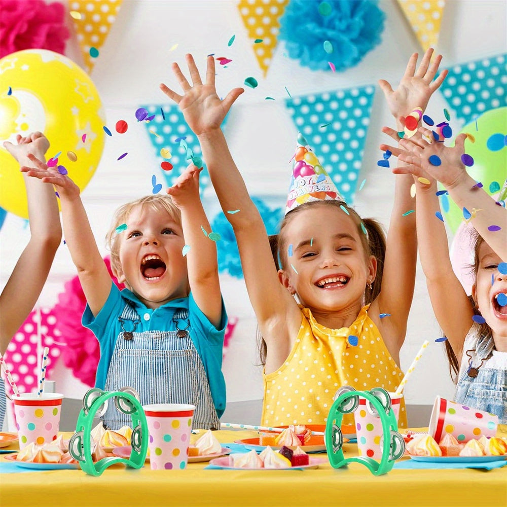 Яркий бубен с 4 колоколами - прочный пластиковый перкуссионный инструмент для всех возрастов, отлично подходит для мероприятий и любителей музыки.