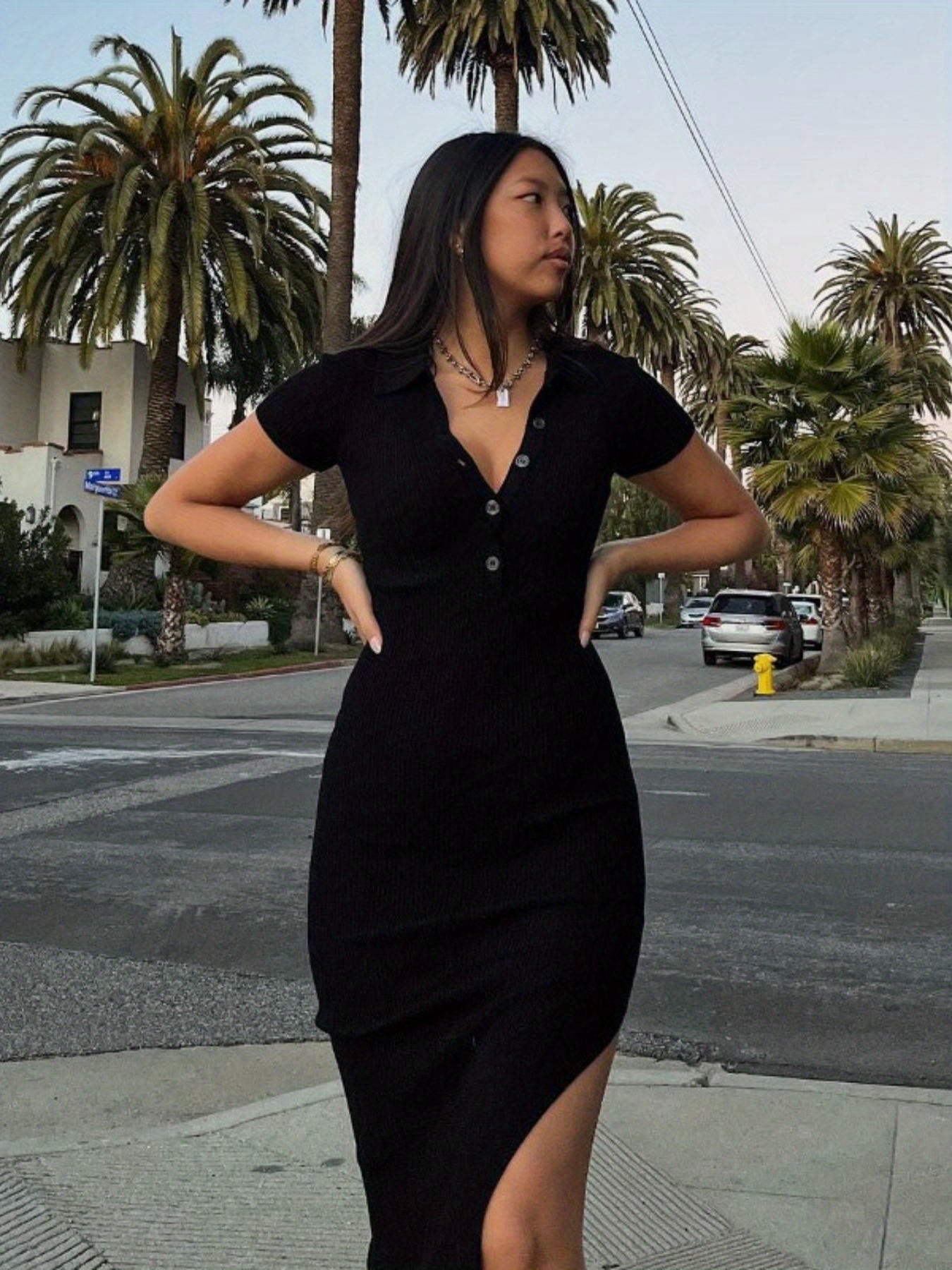 Women's Summer Ribbed Knit Bodycon Dress with Button Detail and Side Slit