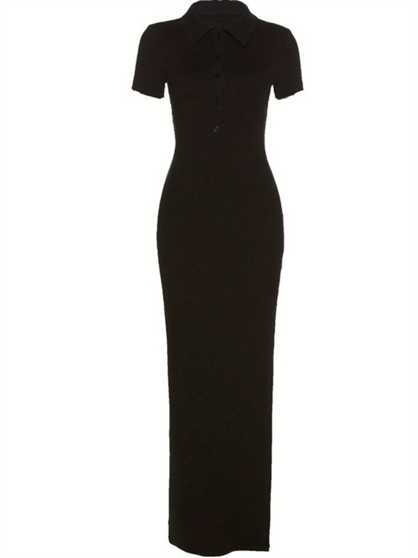 Chic ayollar uchun tugmachali bo'yinli ko'ylak, qisqa yeng, ribbed to'qima, yon yirtilish - yoz uchun ideal