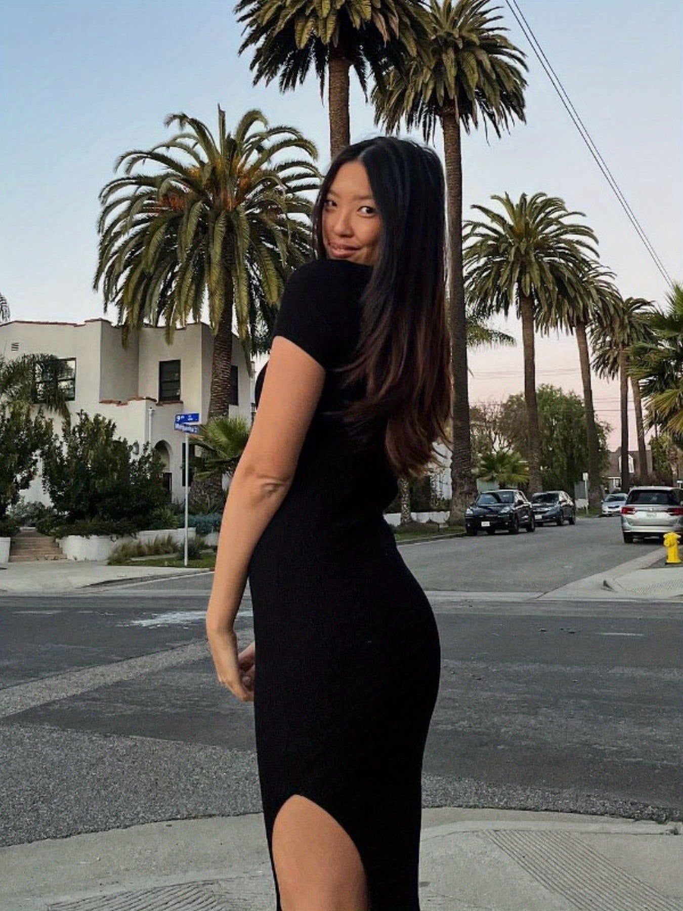 Women's Summer Ribbed Knit Bodycon Dress with Button Detail and Side Slit