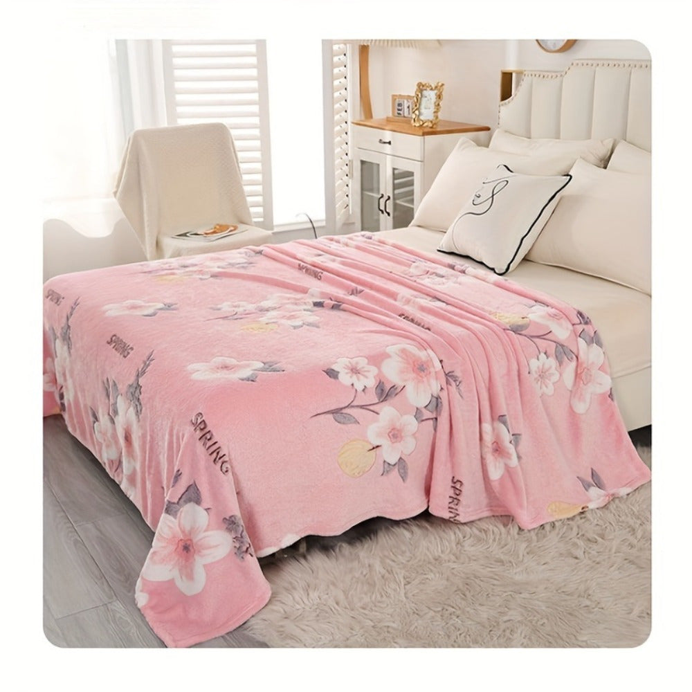 Pink Floral Print Flannel Blanket Soft Cozy Multi-Use for Home Travel Camping