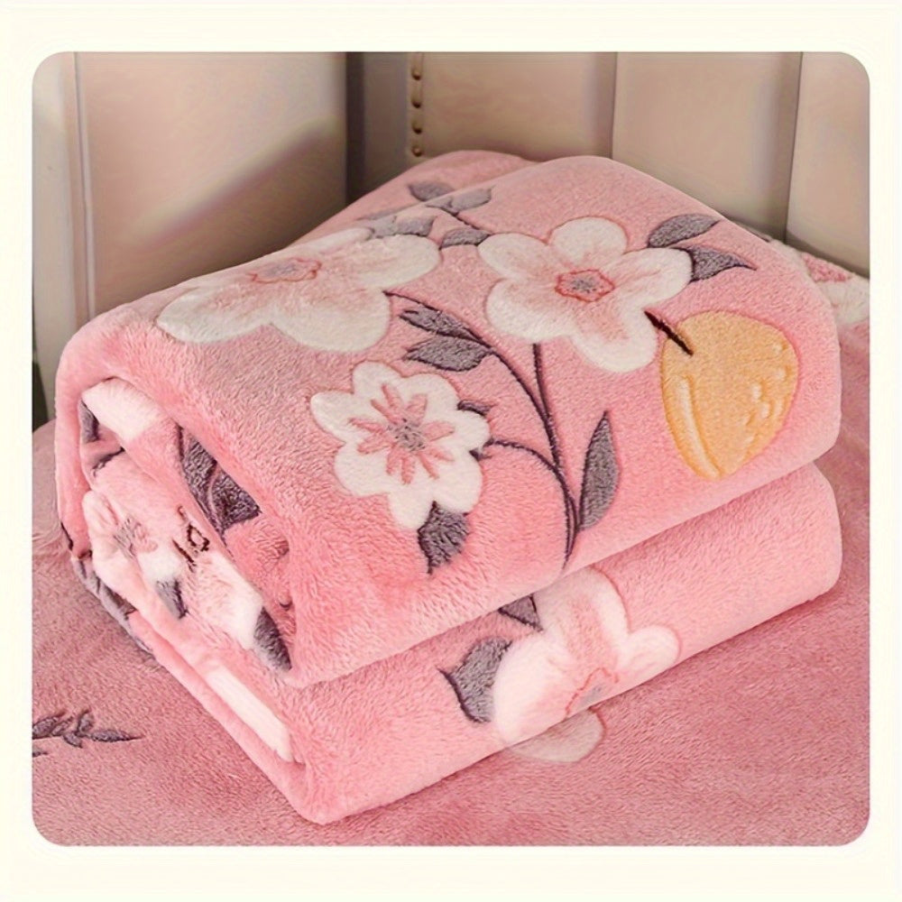 Pink Floral Print Flannel Blanket Soft Cozy Multi-Use for Home Travel Camping
