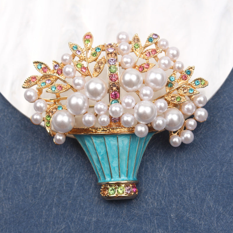 Enamel Floral Brooch with Faux Pearls and Rhinestones, Irregular Flower Design
