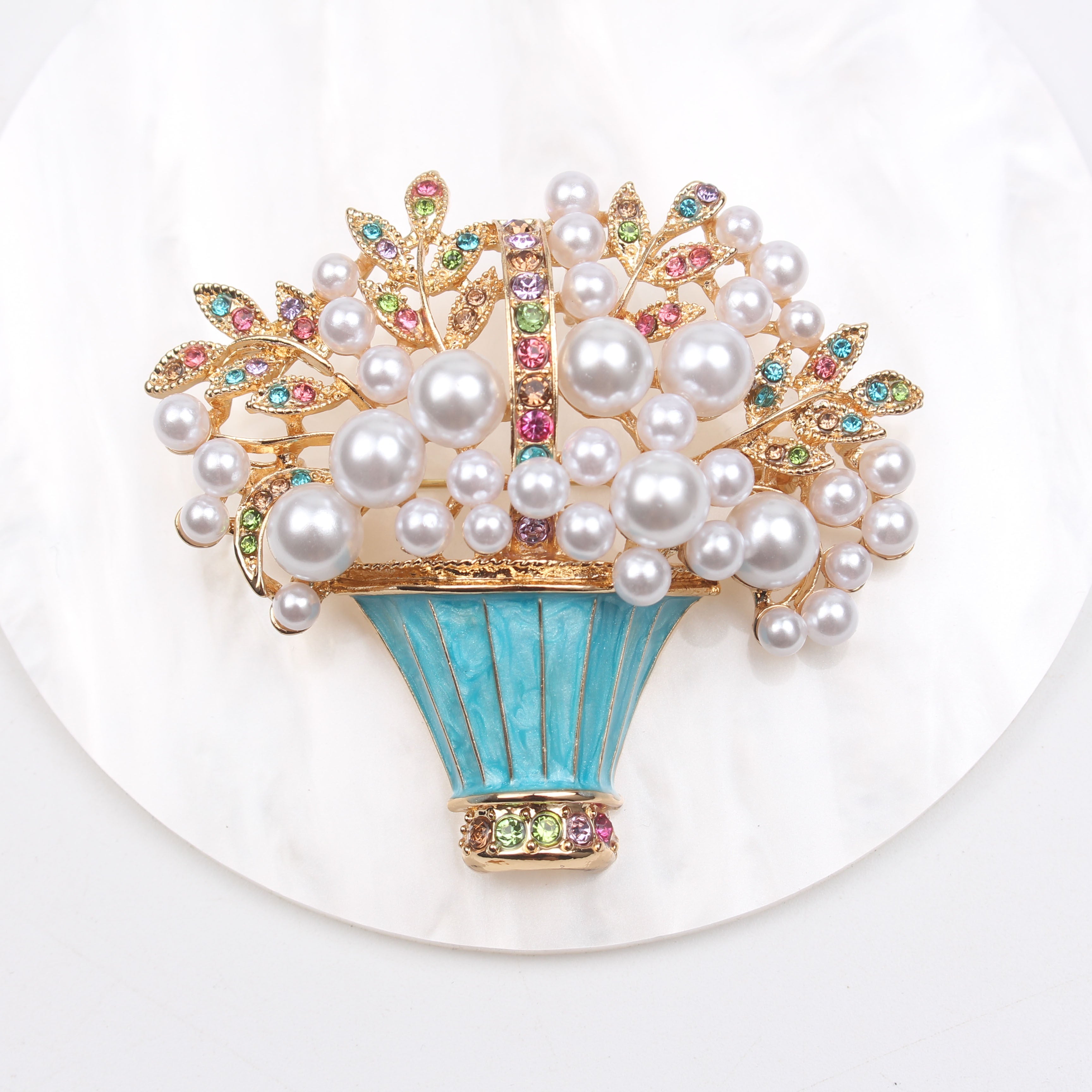Enamel Floral Brooch with Faux Pearls and Rhinestones, Irregular Flower Design