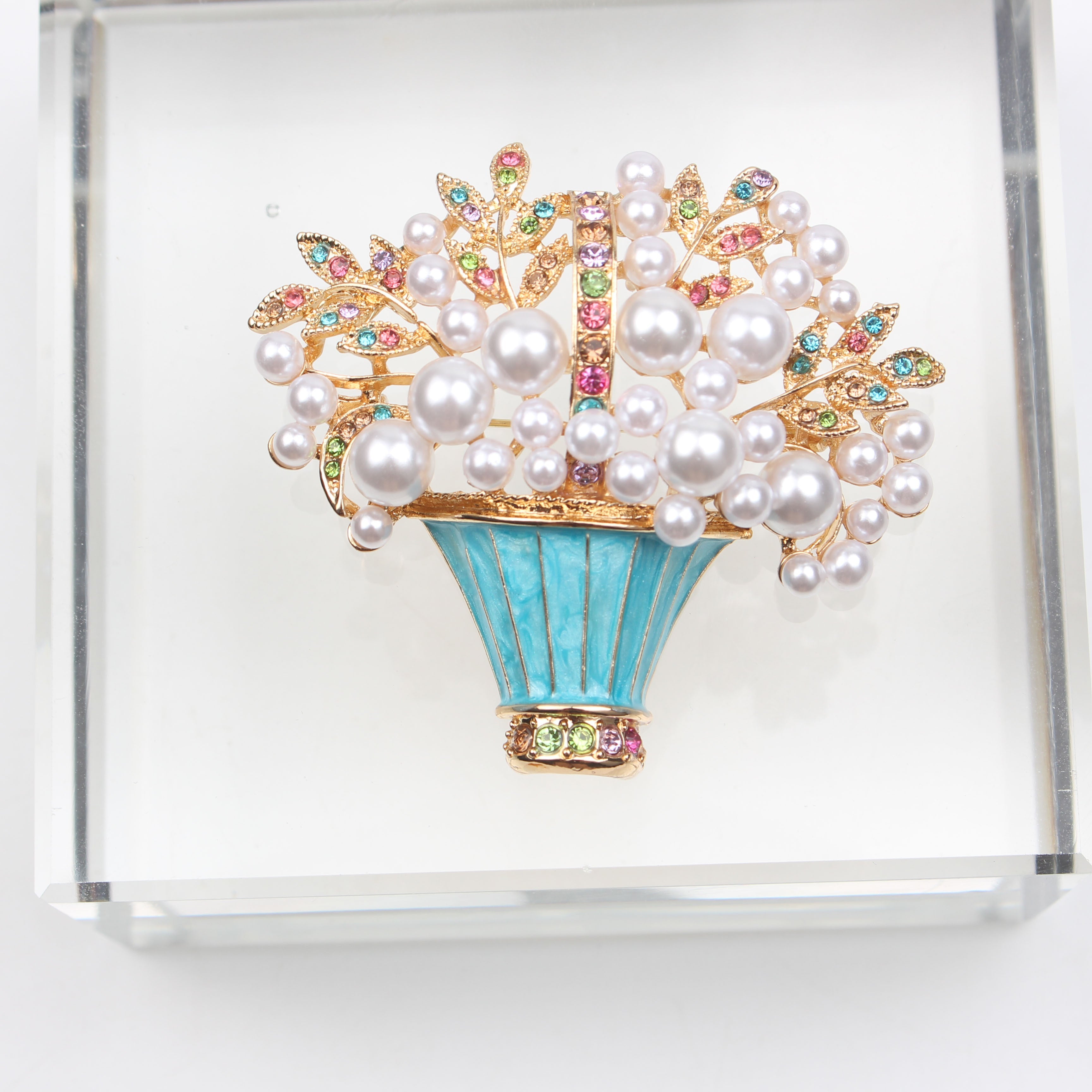 Enamel Floral Brooch with Faux Pearls and Rhinestones, Irregular Flower Design