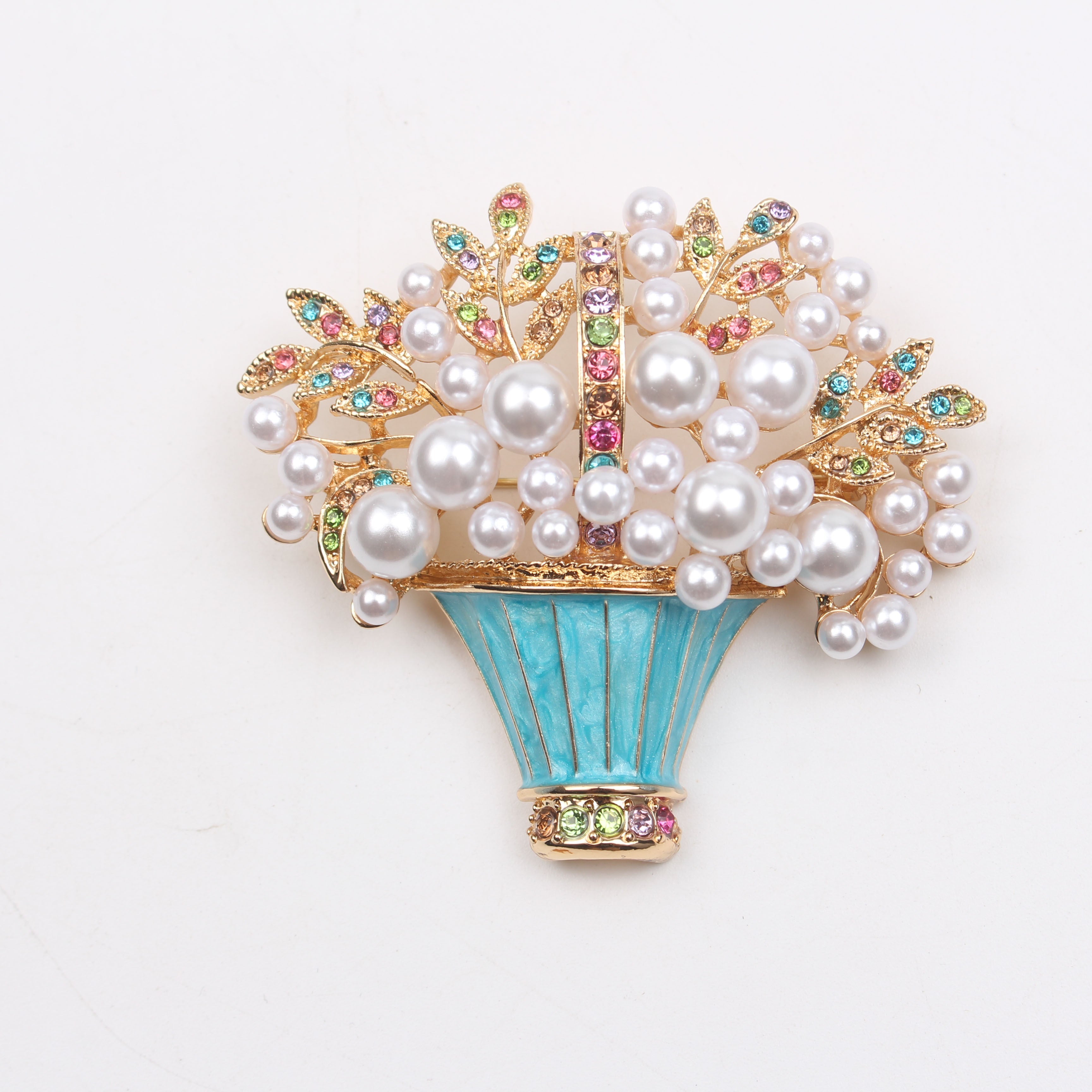 Enamel Floral Brooch with Faux Pearls and Rhinestones, Irregular Flower Design