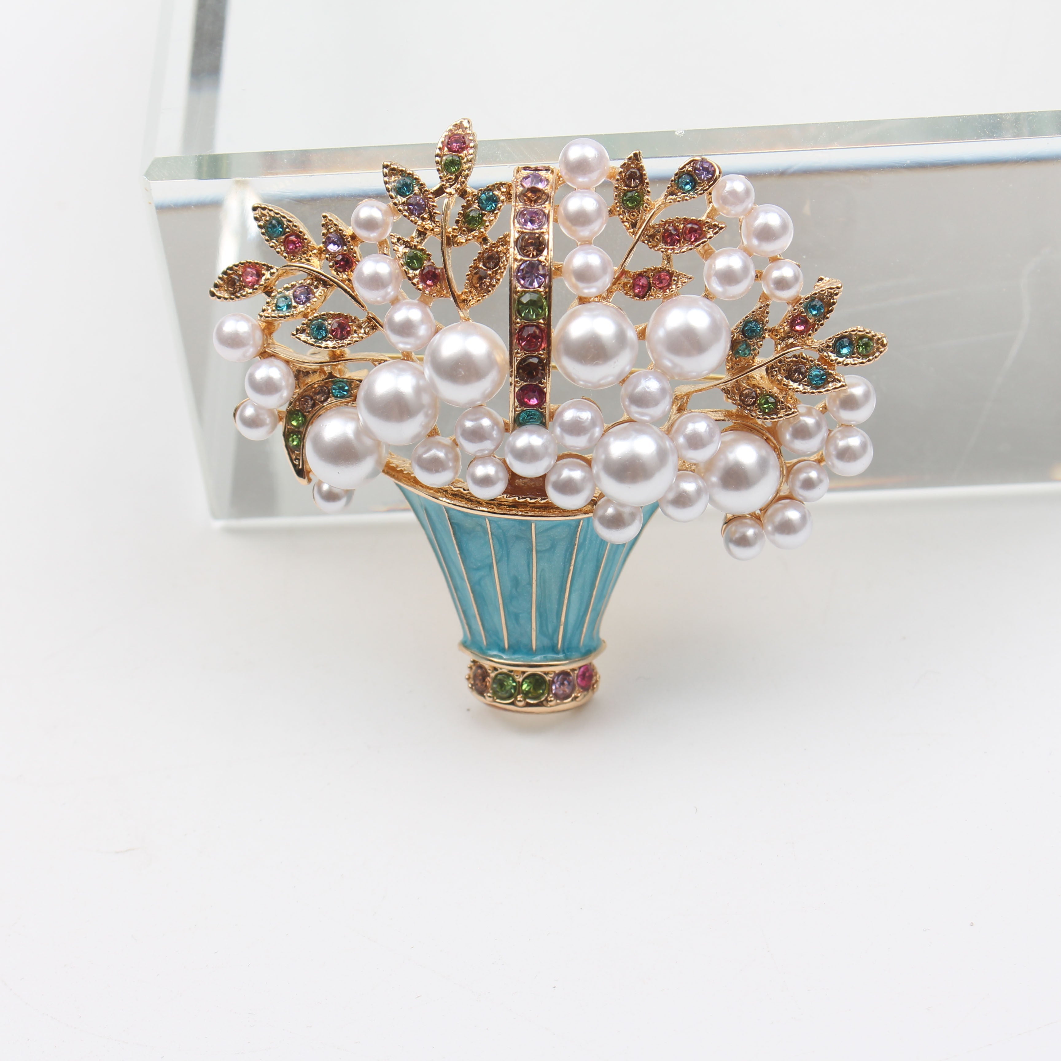 Enamel Floral Brooch with Faux Pearls and Rhinestones, Irregular Flower Design