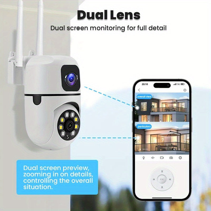 2.4Ghz simsiz qurol-to'p bog'langan xavfsizlik kamerasi, ikki linzali aylanuvchi gimbal, aqlli harakatni aniqlash, signal push xabarnomalari, ikki tomonlama audio, 355° panoramali monitoring uy uchun