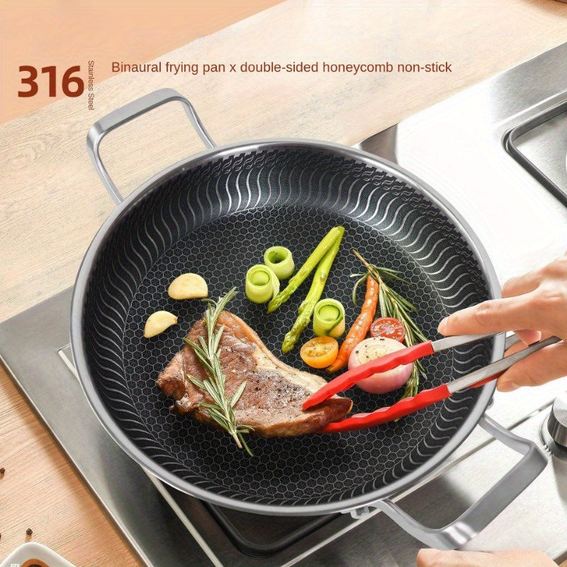 Многофункциональная сковорода из нержавеющей стали с антипригарным покрытием и двумя ручками - идеально подходит для жарки, приготовления на пару и выпечки - безопасна для использования в духовке и подходит для индукционных и газовых плит.