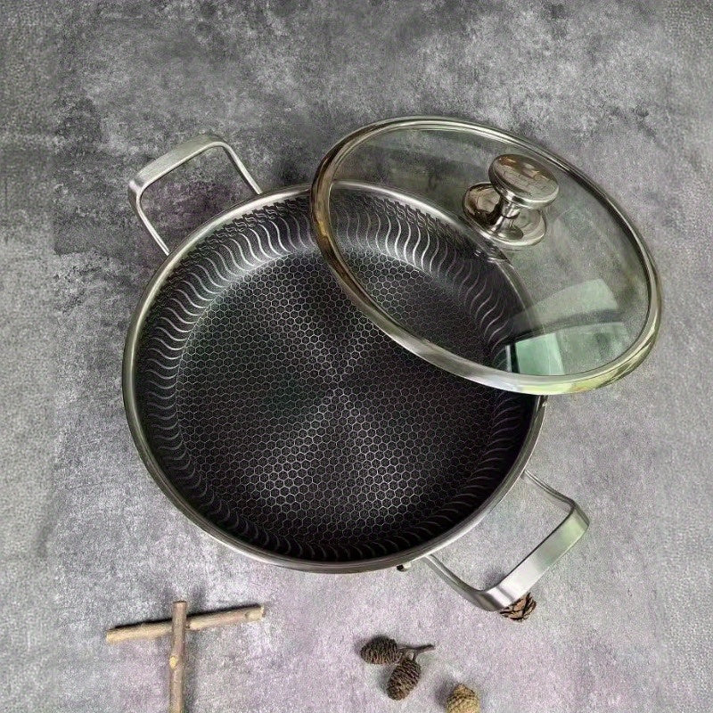 Многофункциональная сковорода из нержавеющей стали с антипригарным покрытием и двумя ручками - идеально подходит для жарки, приготовления на пару и выпечки - безопасна для использования в духовке и подходит для индукционных и газовых плит.