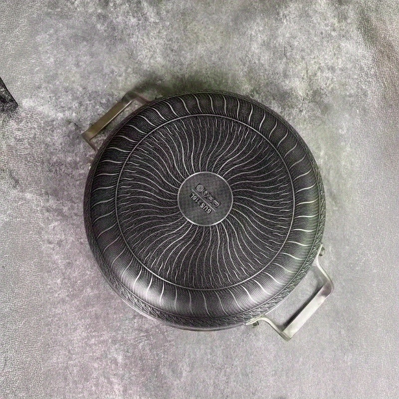 Многофункциональная сковорода из нержавеющей стали с антипригарным покрытием и двумя ручками - идеально подходит для жарки, приготовления на пару и выпечки - безопасна для использования в духовке и подходит для индукционных и газовых плит.