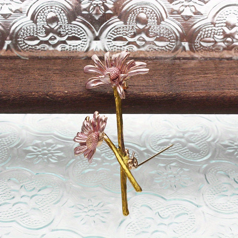 Ручная работа. Брошь с двумя подсолнухами и стразами, винтажный стиль, женский аксессуар