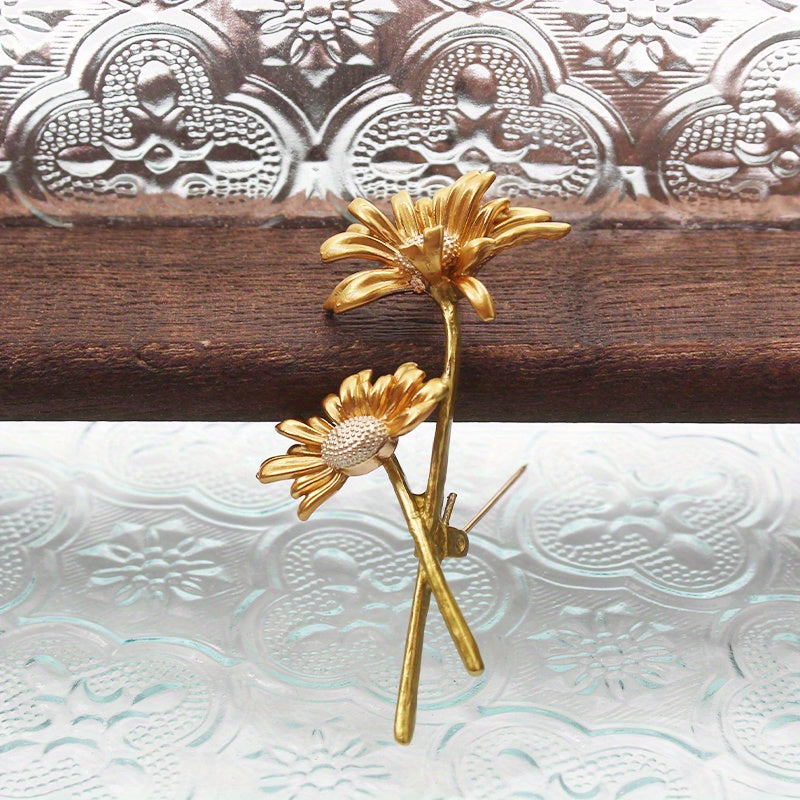 Ручная работа. Брошь с двумя подсолнухами и стразами, винтажный стиль, женский аксессуар