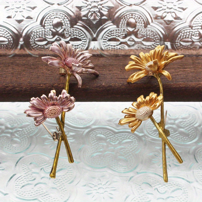 Ручная работа. Брошь с двумя подсолнухами и стразами, винтажный стиль, женский аксессуар