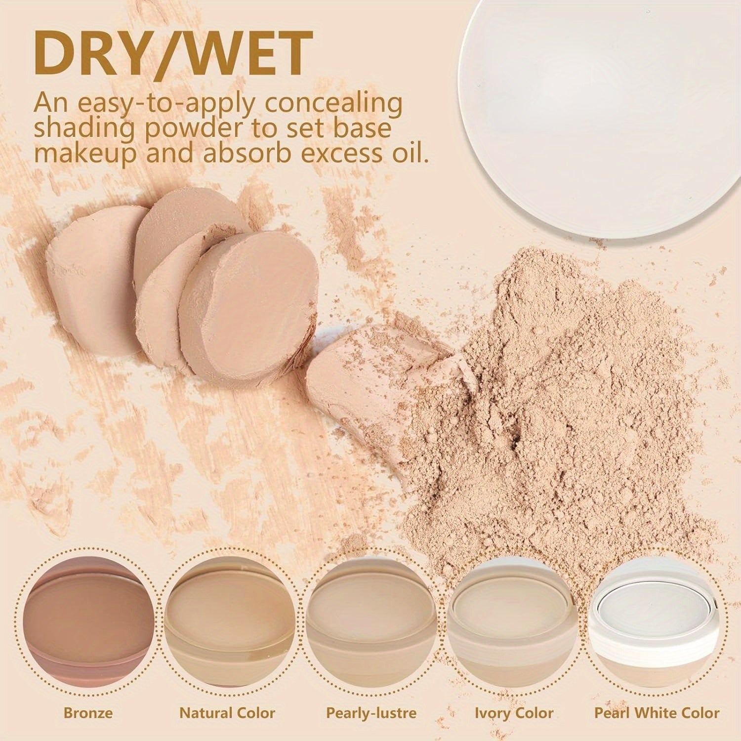 Ayollar uchun rangni to'g'rilovchi kompakt pudra 5 ta soyali yog'ni nazorat qilish va yoritish