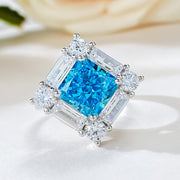 Sterling Silver Boho Chic Square Ring with Blue Synthetic Stone and Baguette Accents